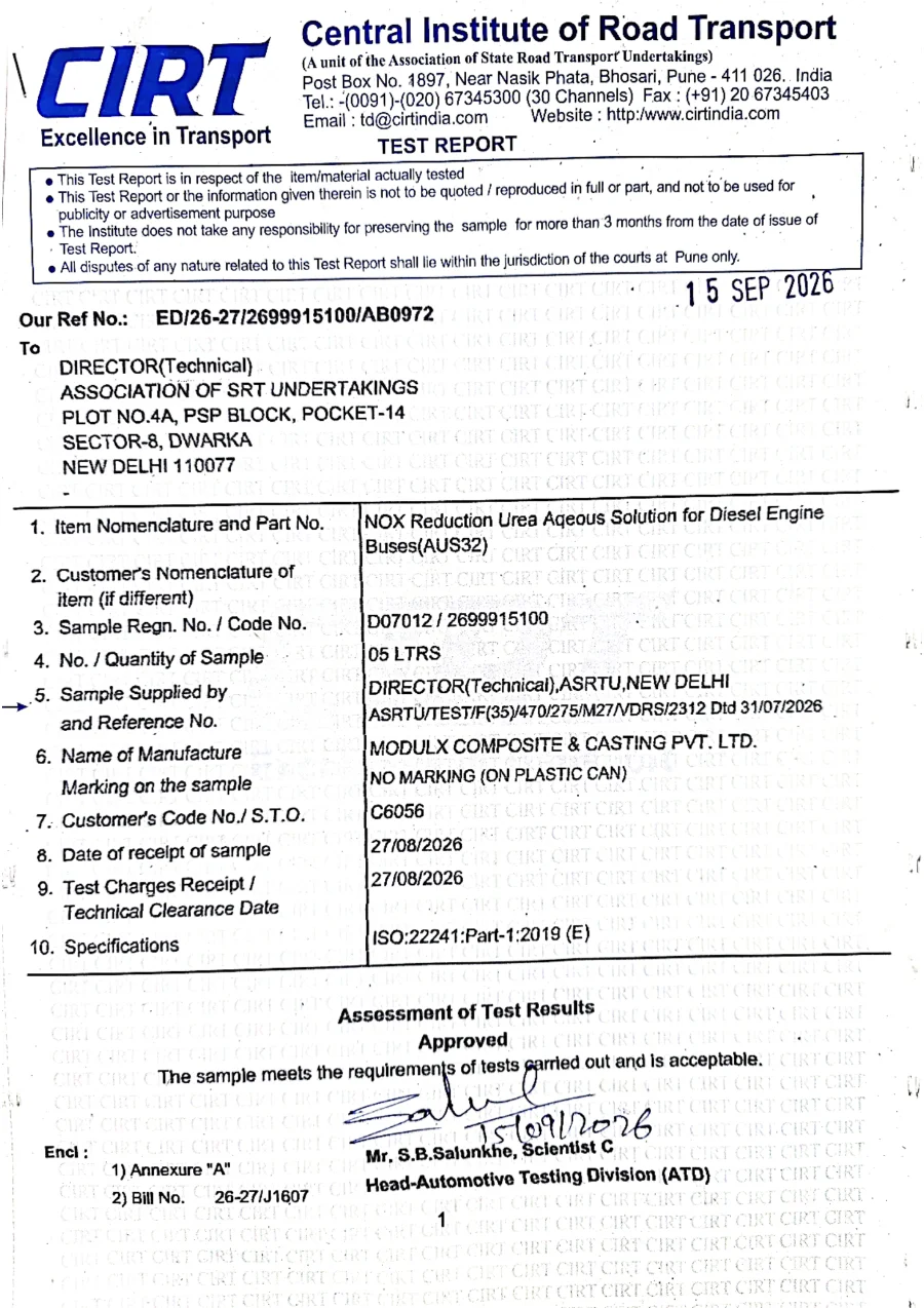 Central Institute of Road Transport, Pune, test report ED/26-27/2699915100/AB0972 dated 15 September 2026 on MODULX Composite and Casting's NOx reduction urea aqueous solution (AUS 32), tested to ISO 22241-1:2019: approved, the sample meets the requirements and is acceptable.