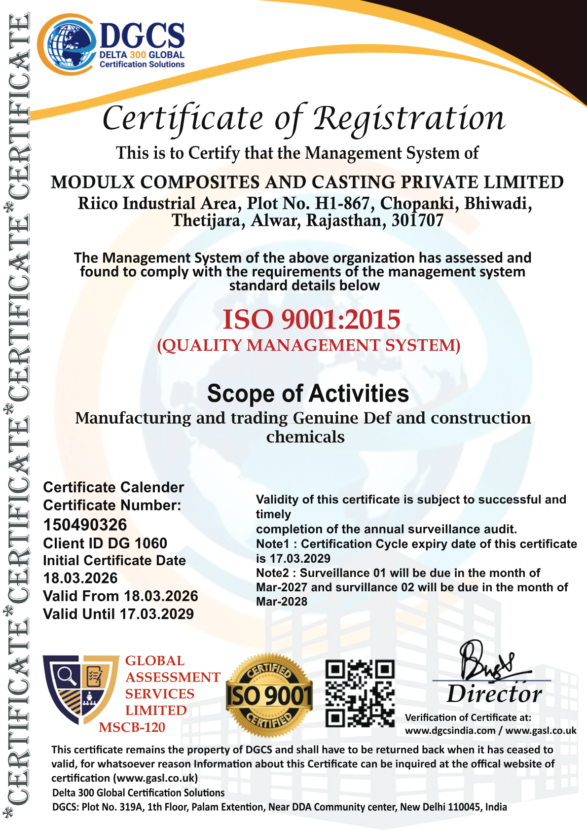 ISO 9001:2015 certificate 150490326 for MODULX Composites and Casting Private Limited. Scope: manufacturing and trading Genuine DEF and construction chemicals. Valid from 18 March 2026 to 17 March 2029.