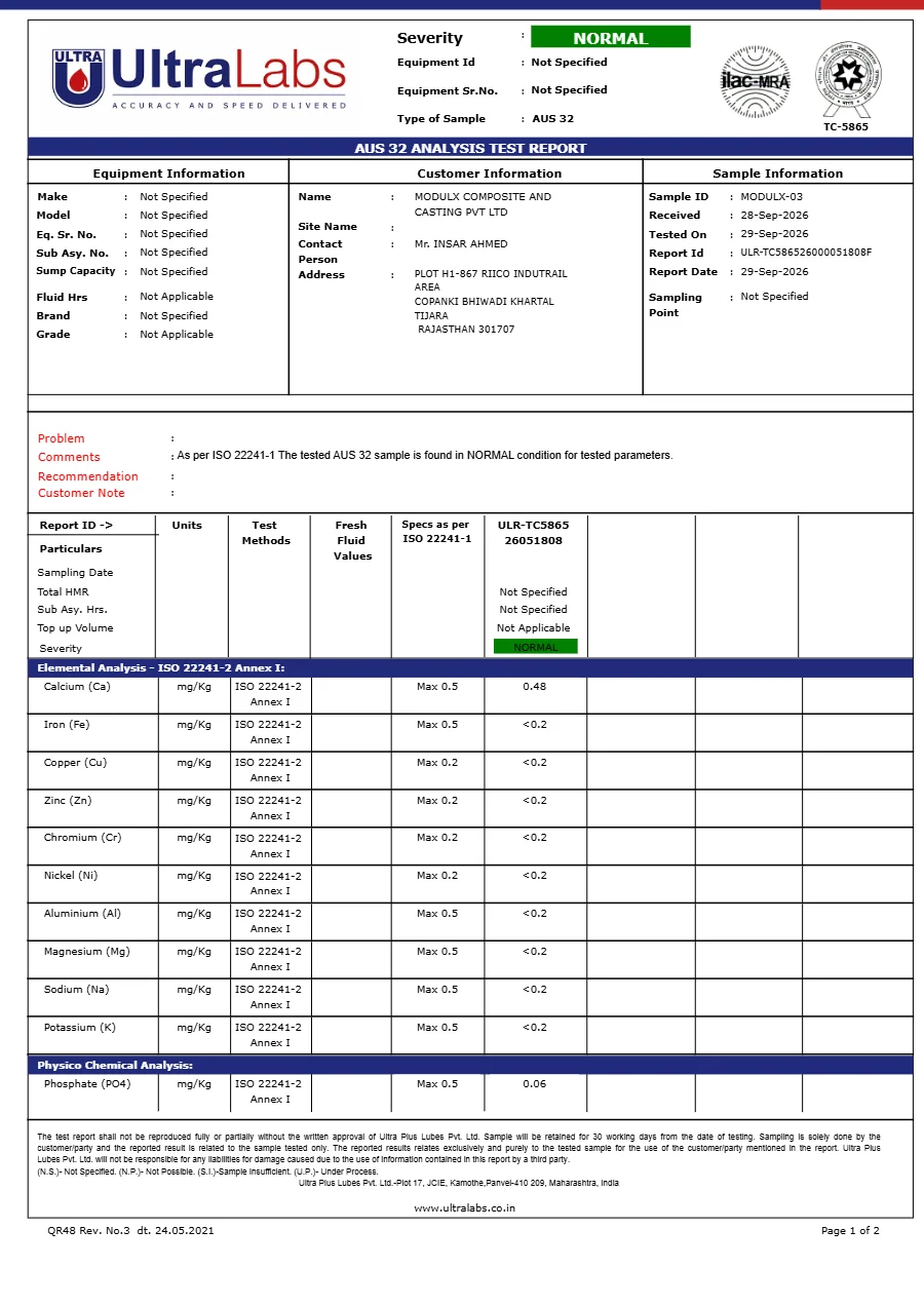 UltraLabs (Ultra Plus Lubes Pvt. Ltd.) AUS 32 analysis test report ULR-TC586526000051808F on sample MODULX-03, tested 29 September 2026: normal condition for all tested parameters as per ISO 22241-1.