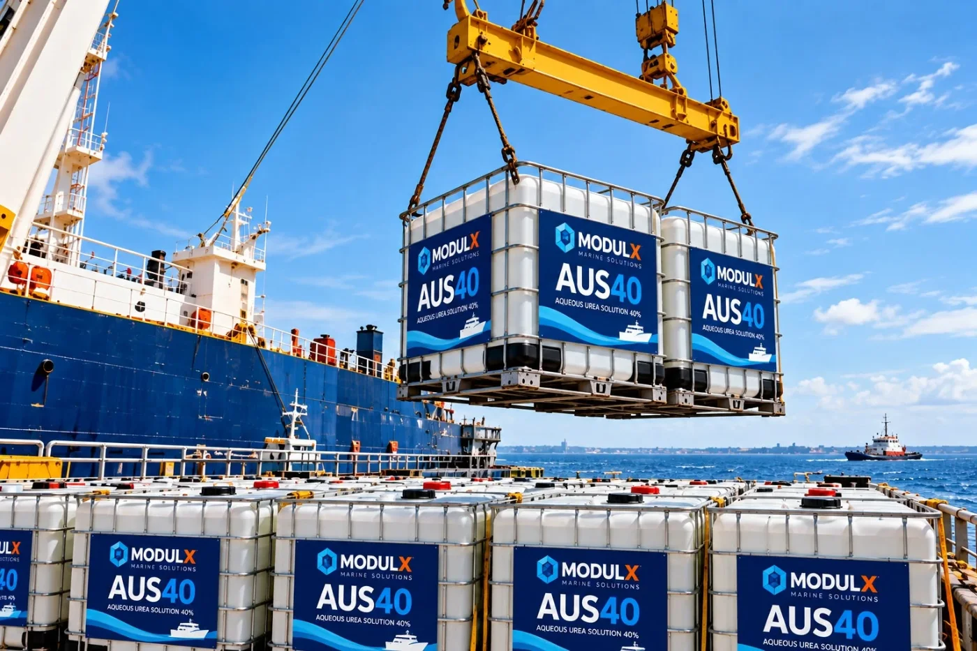 IBC tanks of MODULX AUS 40 being lifted aboard a ship