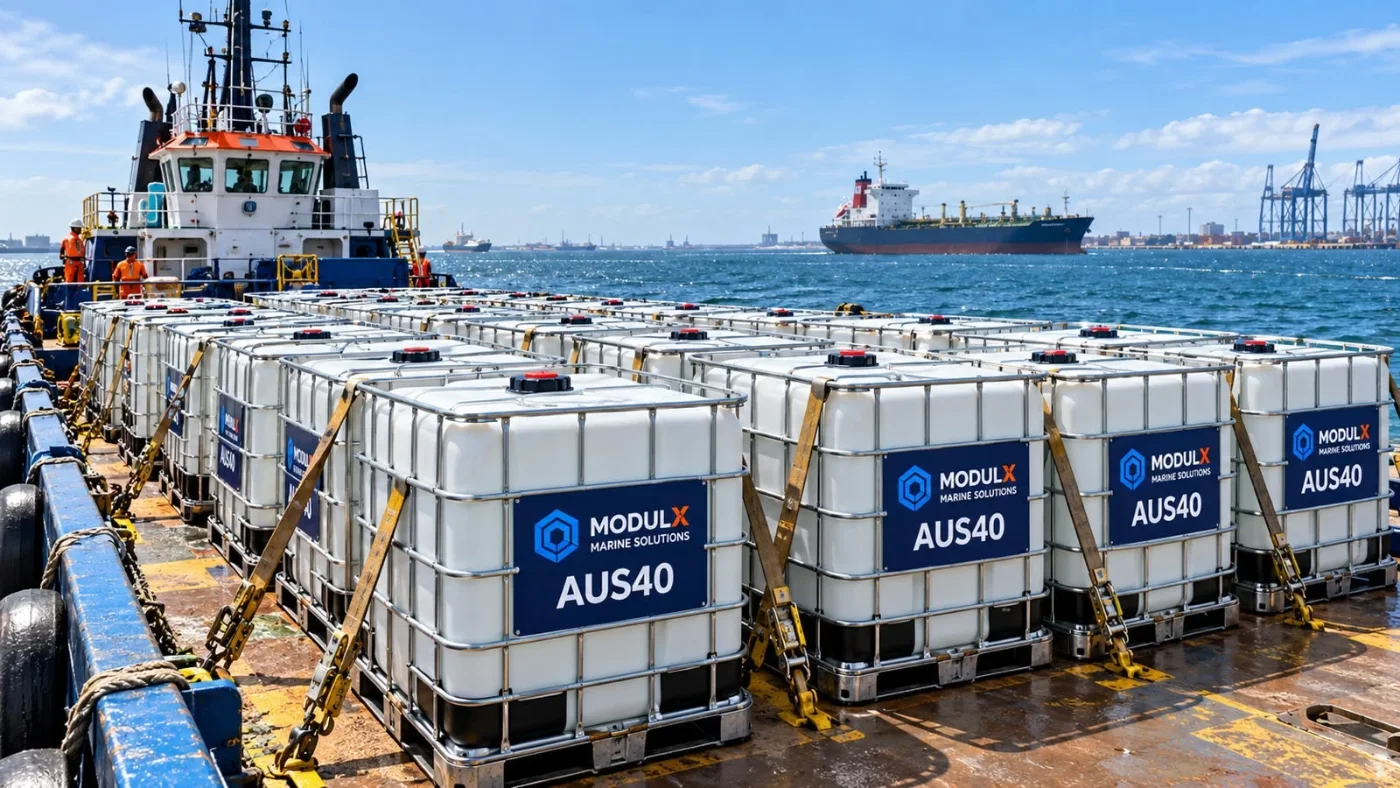 IBC tanks of MODULX AUS 40 strapped down on the deck of a vessel in port