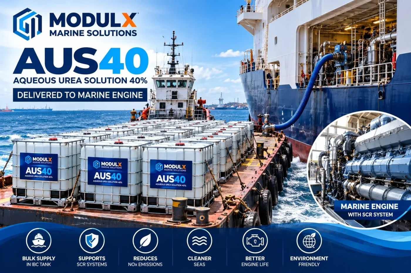 MODULX Marine Solutions AUS 40, aqueous urea solution 40%, delivered to marine engines in IBC tanks: bulk supply, supports SCR systems, reduces NOx emissions, cleaner seas, better engine life, environment friendly