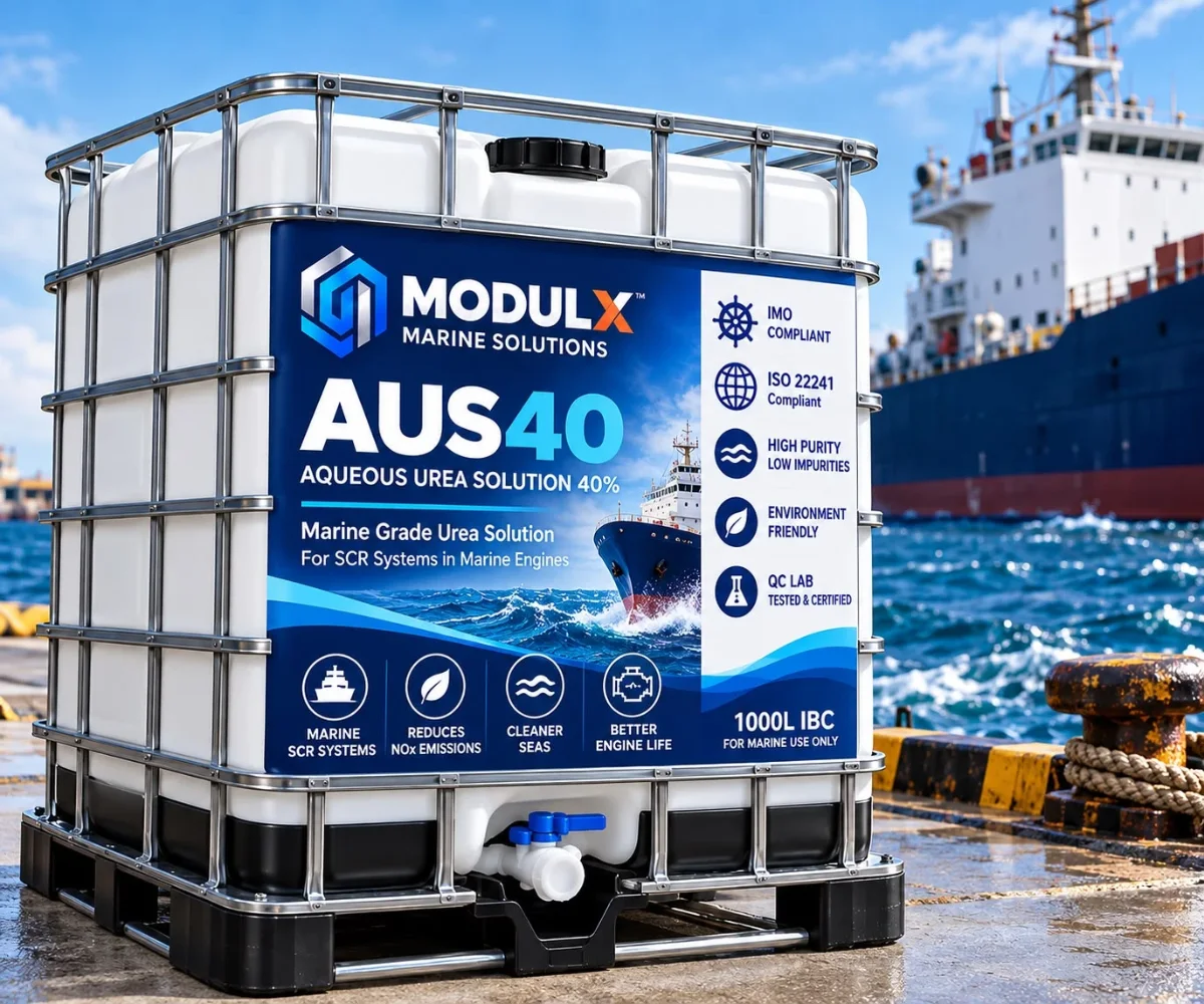 A 1000 litre IBC tank of MODULX AUS 40, marine grade urea solution, on a quay with a ship behind